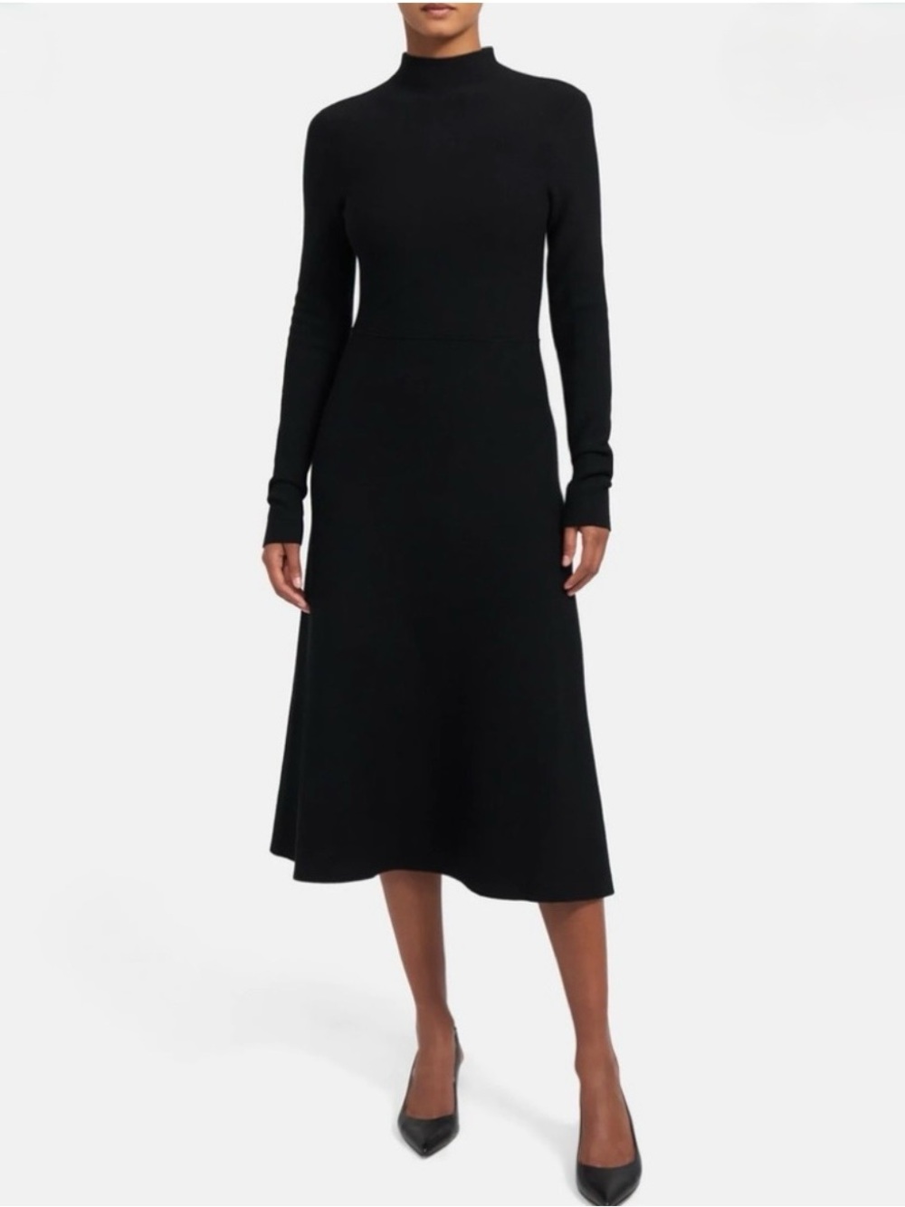 Theory Black Long-Sleeve Mock Neck Midi Flare Dress in Empire Wool
